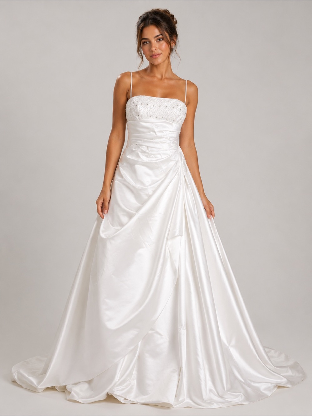 DaVinci White Satin Beaded Spaghetti-Strap Wedding Gown